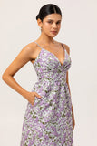 Purple Floral A Line Printed Spaghetti Straps Wedding Guest Dress