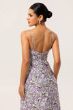 Purple Floral A Line Printed Spaghetti Straps Wedding Guest Dress
