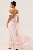 Off The Shoulder Ruffled Blush A Line Bridesmaid Dress with Slit