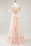 Off The Shoulder Blush Ruffled A Line Bridesmaid Dress with Slit
