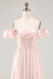Off The Shoulder Blush Ruffled A Line Bridesmaid Dress with Slit