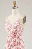 Blush Flower Pleated A Line Spaghetti Straps Wedding Guest Dress