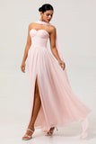 Blush A Line Ruched Strapless Chiffon Long Bridesmaid Dress with Slit