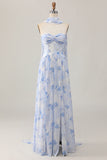 Dusty Rose Strapless A-Line Floral Printed Wedding Guest Dress with Slit