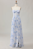 Dusty Rose Strapless A-Line Floral Printed Wedding Guest Dress with Slit