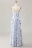 Dusty Rose Strapless A-Line Floral Printed Wedding Guest Dress with Slit