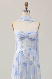 Dusty Rose Strapless A-Line Floral Printed Wedding Guest Dress with Slit