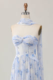 Dusty Rose Strapless A-Line Floral Printed Wedding Guest Dress with Slit