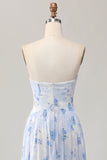 Dusty Rose Strapless A-Line Floral Printed Wedding Guest Dress with Slit