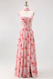 Dusty Rose Strapless A-Line Floral Printed Wedding Guest Dress with Slit