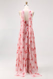 Dusty Rose Strapless A-Line Floral Printed Wedding Guest Dress with Slit