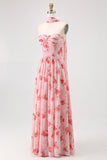 Dusty Rose Strapless A-Line Floral Printed Wedding Guest Dress with Slit