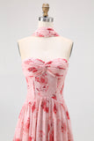 Dusty Rose Strapless A-Line Floral Printed Wedding Guest Dress with Slit