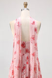 Dusty Rose Strapless A-Line Floral Printed Wedding Guest Dress with Slit