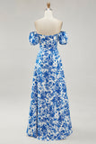 Off The Shoulder Blue Floral Printed Wedding Guest Dress with Slit