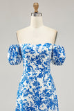 Off The Shoulder Blue Floral Printed Wedding Guest Dress with Slit