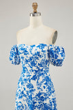 Off The Shoulder Blue Floral Printed Wedding Guest Dress with Slit