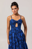 Dark Blue Jacquard A Line Spaghetti Straps Cut Out Prom Dress