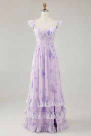 Lavender Flower Printed Ruffled A Line Bridesmaid Dress with Slit