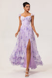 Lavender Flower A Line Printed Ruffled Corset Bridesmaid Dress with Slit