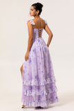 Lavender Flower A Line Printed Ruffled Corset Bridesmaid Dress with Slit