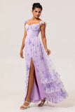 Lavender Flower A Line Printed Ruffled Corset Bridesmaid Dress with Slit