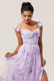 Lavender Flower A Line Printed Ruffled Corset Bridesmaid Dress with Slit