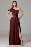 Dusty Blue A-Line One Shoulder Bridesmaid Dress with Slit
