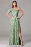 Dusty Blue A-Line One Shoulder Bridesmaid Dress with Slit