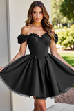 Black A Line Ruched Short Prom Dress with Appliques