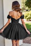 Black A Line Ruched Short Prom Dress with Appliques