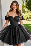 Black A Line Ruched Short Prom Dress with Appliques