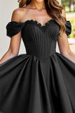 Black A Line Ruched Short Prom Dress with Appliques