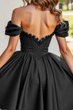 Black A Line Ruched Short Prom Dress with Appliques