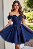 Black A Line Ruched Short Prom Dress with Appliques