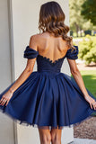 Black A Line Ruched Short Prom Dress with Appliques