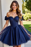 Black A Line Ruched Short Prom Dress with Appliques