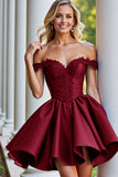 Burgundy Satin A Line Short Prom Dress with Appliques