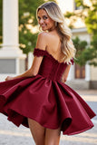 Burgundy Satin A Line Short Prom Dress with Appliques
