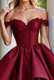 Burgundy Satin A Line Short Prom Dress with Appliques