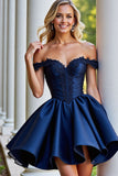 Burgundy Satin A Line Short Prom Dress with Appliques