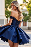 Burgundy Satin A Line Short Prom Dress with Appliques