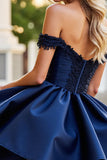 Burgundy Satin A Line Short Prom Dress with Appliques