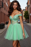Tulle Light Green A Line Short Prom Dress with Appliques