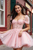 Blush Floral Tulle Corset Short Prom Dress with Sleeves
