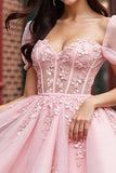Blush Floral Tulle Corset Short Prom Dress with Sleeves