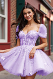 Blush Floral Tulle Corset Short Prom Dress with Sleeves