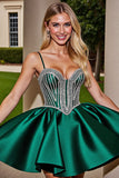 Sparkly Dark Green Satin Short Prom Dress with Rhinestones