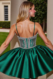 Sparkly Dark Green Satin Short Prom Dress with Rhinestones