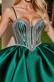 Sparkly Dark Green Satin Short Prom Dress with Rhinestones
